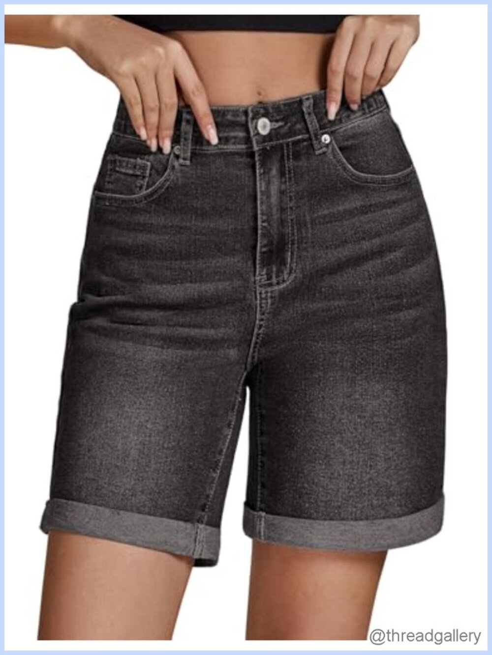 High Waisted Stretchy Denim Jean Shorts 7 Inch Inseam Cuffed Long Jorts